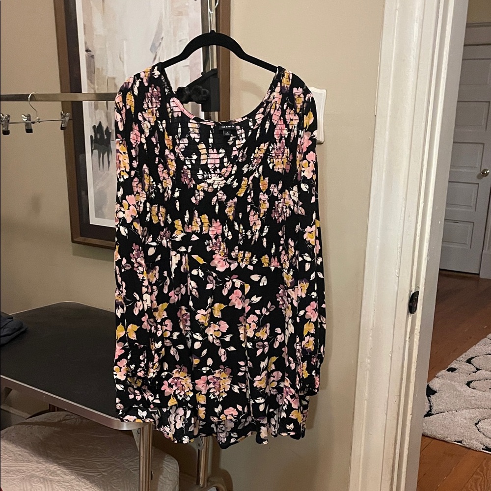 torrid Black Floral Smocked Long-Sleeve dress with Pink & Yellow Flowers